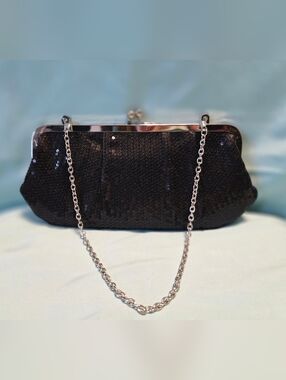 Aldo Black Sequin Clutch with Silver Chain